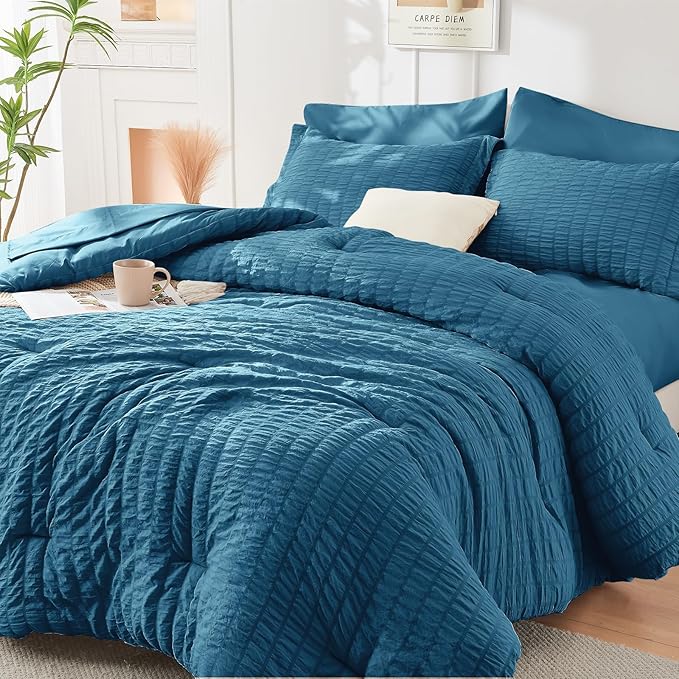 HYMOKEGE Teal King Size Comforter Set Seersucker 7 Pieces, All Season Luxury by HYMOKEGE