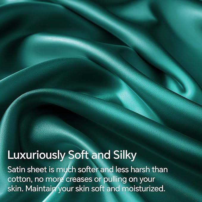 BEDELITE Satin Sheets Queen Size Bed Set, Luxury Soft Teal Silky Sheets - Image 3
