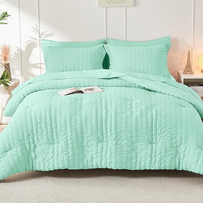 HYMOKEGE Mint Green Twin Comforter Set Seersucker 5 Pieces, All Season Luxury - Image 9