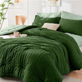 HYMOKEGE Dark Green/Sage Green Full Size Comforter Sets Seersucker 7 Pieces by HYMOKEGE