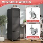 IKIMI 4 Drawer Locking File Cabinet with Wheels,Black Metal Mobile Filing Cabinets,Vertical File Cabinet for Home Office,Rolling Storage Cabinet for A4/Letter/Legal Size File,Assembly Required