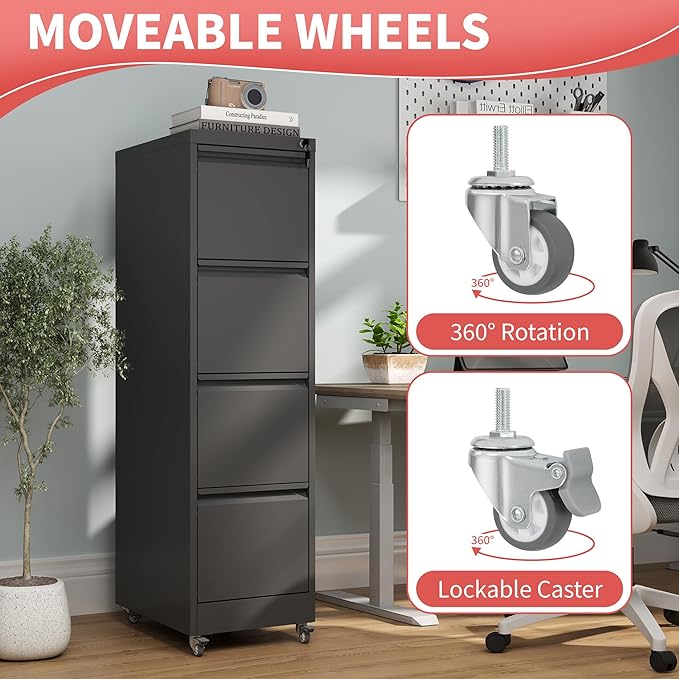 IKIMI 4 Drawer Locking File Cabinet with Wheels,Black Metal Mobile Filing Cabinets,Vertical File Cabinet for Home Office,Rolling Storage Cabinet for A4/Letter/Legal Size File,Assembly Required