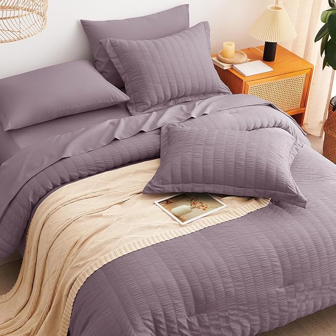 CozyLux Oversized King Comforter Set Dusty Purple Seersucker 7 Pieces 120x98 - Image 6