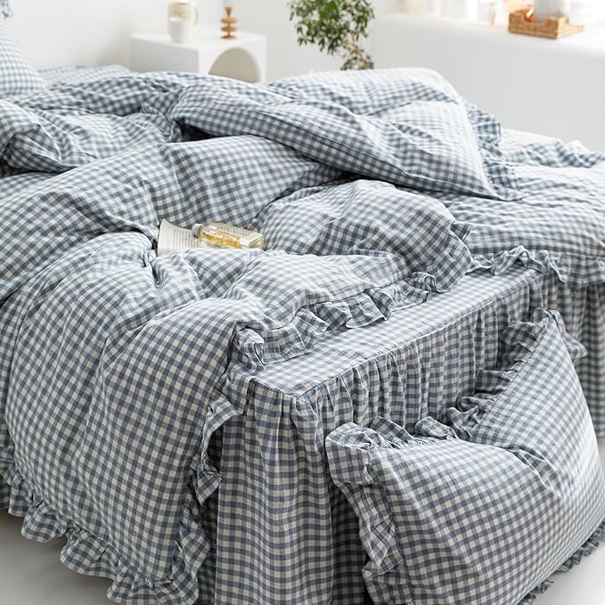 mixinni Blue White Gingham Ruffle Duvet Cover Twin XL Size 3 Pieces – 100% - Image 5