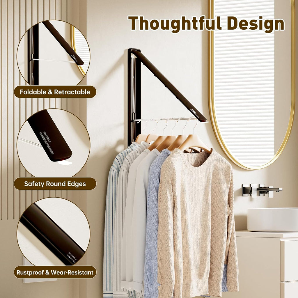 Clothes Drying Rack, Laundry Room Wall Mounted Retractable Clothes Hanger Drying Rack, Laundry Clothing Drying Rack Folding Indoor or Outdoor, Easy Installation Aluminium Dryer, 2pcs(Black)