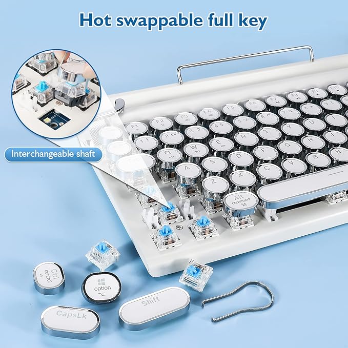 Adventurers Retro Typewriter Keyboard, 75% Layout 83 Keys Wireless Keyboard with Blue Switch,Bluetooth 5.0 and Multi-Device Switching,Vintage Punk Style,Hot-Swappable for PC/Laptops/Mac/ipad-White