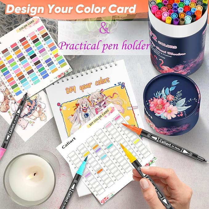 Caliart 72 Colors Double Tip Brush Pens Art Markers, Artist Fine & Brush Pen Coloring Markers for Adult Book Cards Drawing Craft Kit Teacher Office Supplies