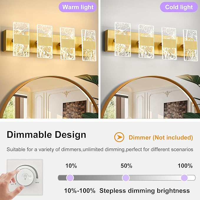 Modern LED Bathroom Light Fixtures Dimmable 4-Light Gold Vanity Light, 5CCT - Image 4