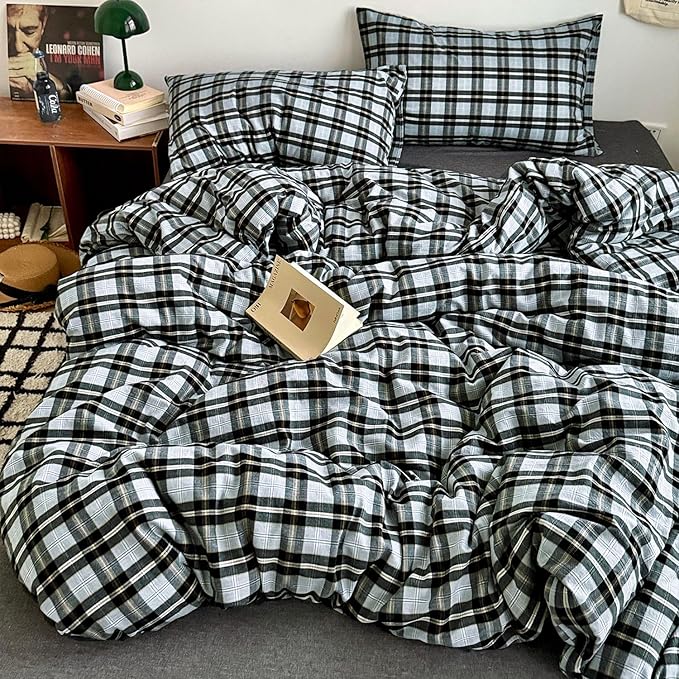 mixinni Vintage Grey & Pale Blue Buffalo Plaid Duvet Cover Set Twin XL Size - Image 4