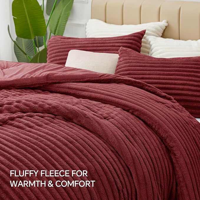 BEDELITE Fleece Queen Comforter Set -Super Soft & Warm Fluffy Burgundy Bedding - Image 6