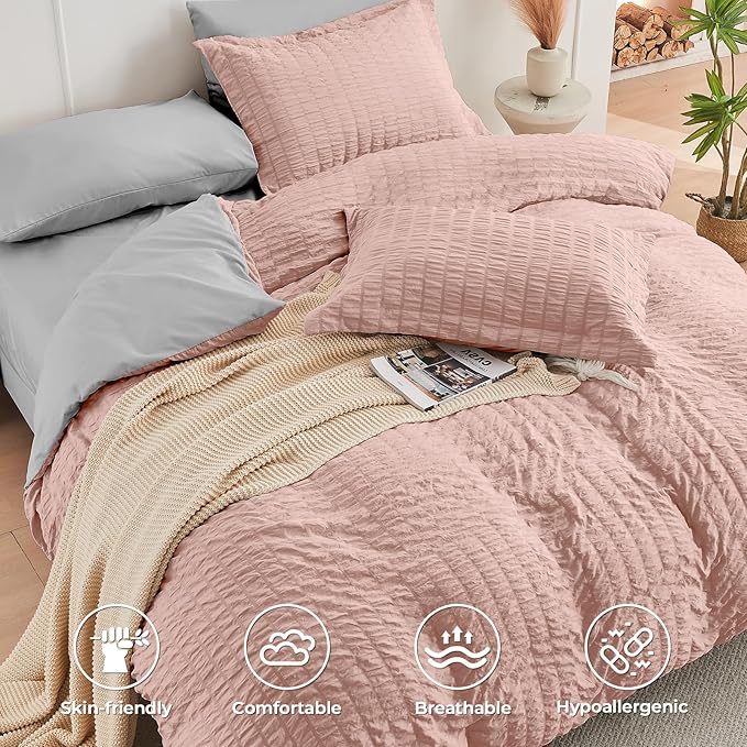 HYMOKEGE Rose Gold/Light Grey Queen Comforter Set Seersucker 7 Pieces, All - Image 3