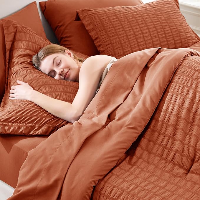 CozyLux Queen Comforter Set Burnt Orange Seersucker 7 Pieces Bed in a Bag Queen - Image 5