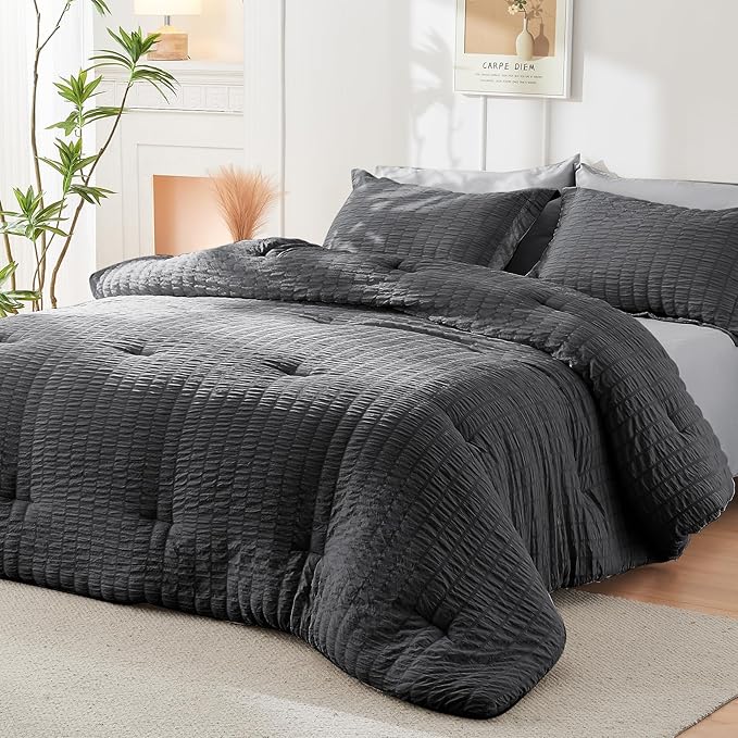 HYMOKEGE Dark Grey/Light Grey King Size Comforter Set Seersucker 7 Pieces - Image 8