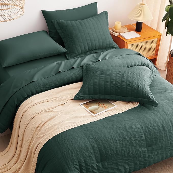 CozyLux Queen Comforter Set Forest Green Seersucker 7 Pieces Bed in a Bag Queen - Image 6