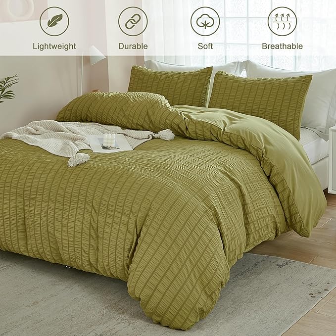 AveLom Olive Green Seersucker Duvet Cover Set Queen Size, 3 Pieces, Ultra Soft - Image 2