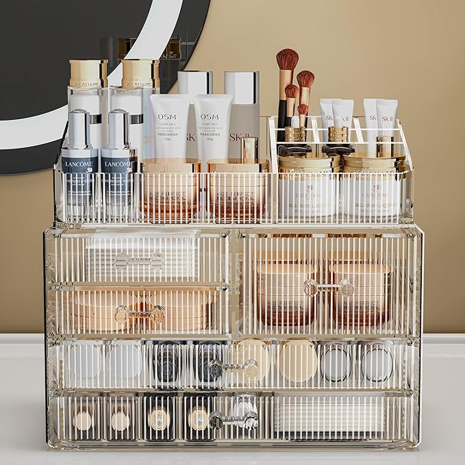 ZHIAI Stackable Storage Drawers, Acrylic Bathroom Counter Organizer Clear Makeup Organizers for Vanity, Kitchen Cabinets, Bathroom, Undersink, Home Organization and Storage (2Top 3 Drawers,)