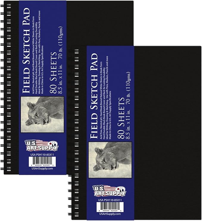 U.S. Art Supply 8.5" x 11" Premium Hardbound Sketch Book, 2 Pack, 80 Sheets Each, 70 lb (110gsm) - Hardcover Spiral Bound Artist Field, Small Sketch Pad, Acid-Free Drawing Pad - Adults, Students