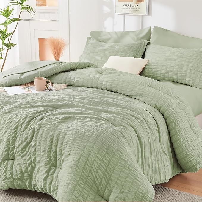 HYMOKEGE Light Green California King Comforter Set Seersucker 7 Pieces by HYMOKEGE