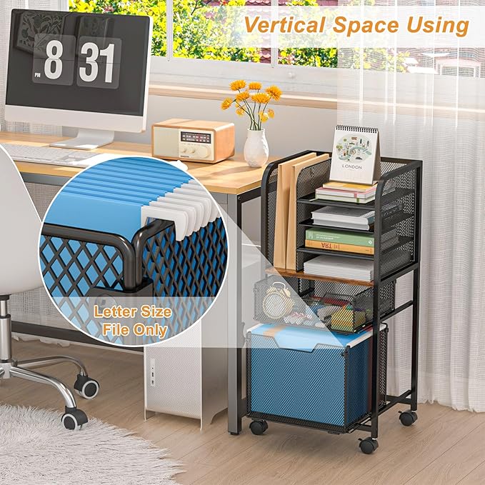 Feyejade 6-Tier Rolling File Cart with 2 Drawers, File Cabinet Organizer for Hanging File Folders, Letter-Size File Storage with Wheels, Multi-Layer Mobile Filing Cabinet for Office and Home