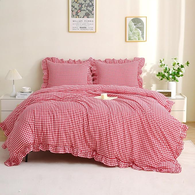 Silnuo Red/White Checkered Ruffle 3-Piece Duvet Cover Set Queen Size, Washed - Image 8