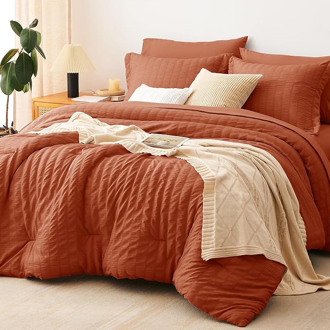 CozyLux King Size Comforter Set Burnt Orange Seersucker 7 Pieces Bed in a Bag by CozyLux