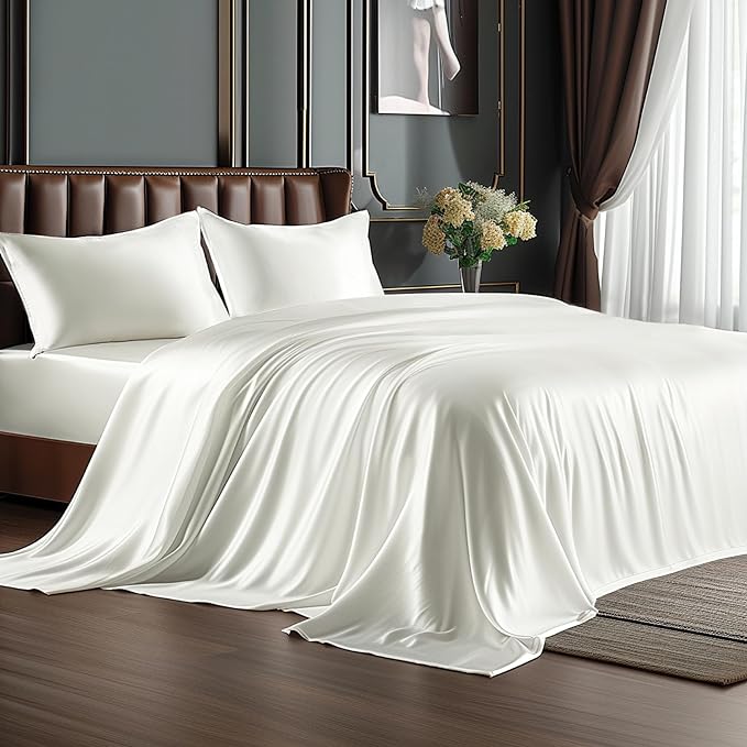 BEDELITE Satin Sheets Twin Size Bed Set, Luxury Soft Ivory White Silky Sheets by BEDELITE