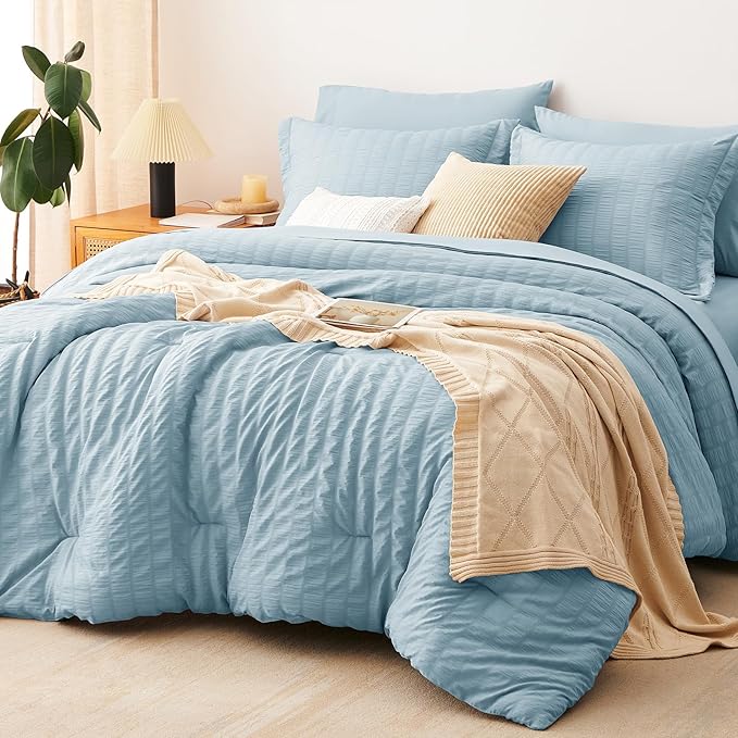CozyLux King Size Comforter Set Light Blue Seersucker 7 Pieces Bed in a Bag by CozyLux