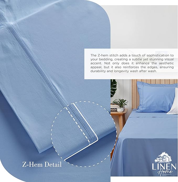 Linen Home 100% Cotton Percale Sheets King Size, Baby Blue, Deep Pocket - Image 3