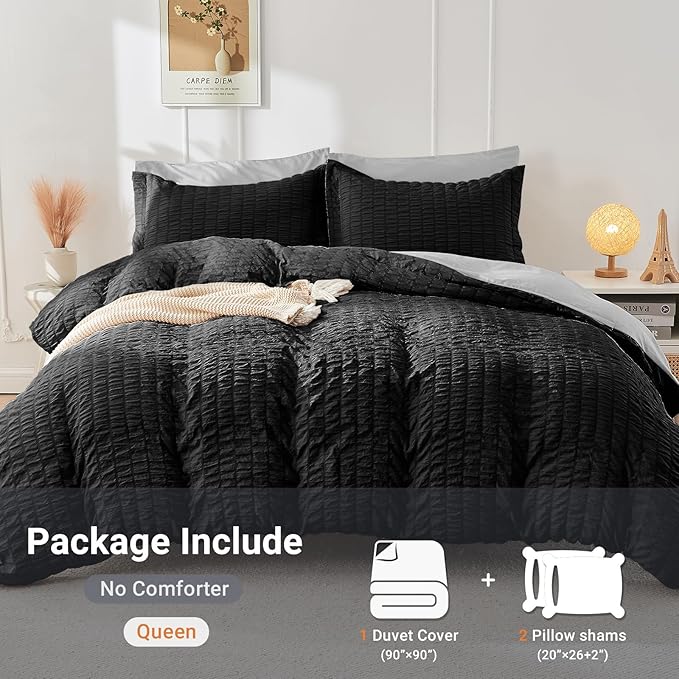 HYMOKEGE Black/Light Grey Duvet Cover Full Size, Ultra Soft 3-Piece Seersucker - Image 4