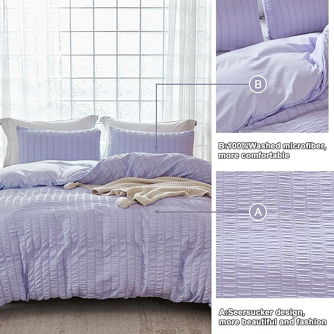 AveLom Lavender Purple Seersucker Duvet Cover Set King, 3 Pieces, Ultra Soft - Image 5