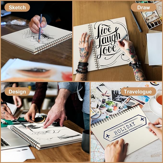 PerKoop 4 Pcs 8.5"x11" Spiral Sketch Pad A4 Large 100 Sheet Blank Notebook Sketch Pads 60lbs (100gsm) Xmas Gifts Sketching Drawing Pad Journals Art Sketchbook for Teachers Students Kids