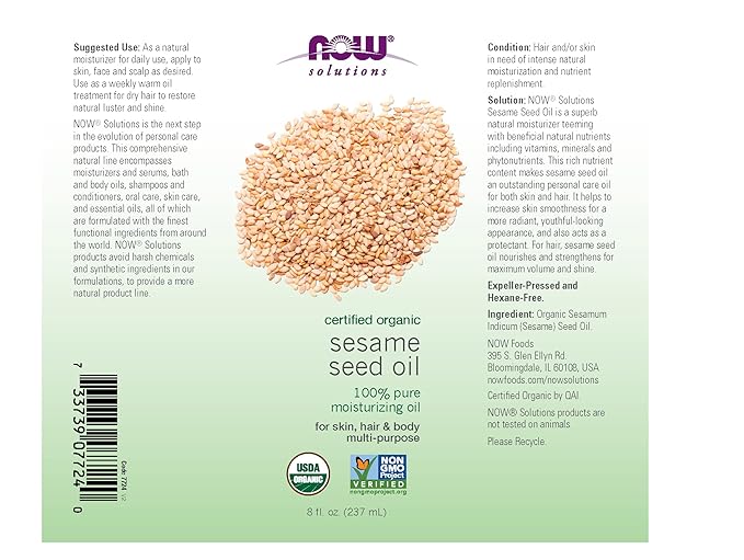 NOW Foods Solutions, Organic Sesame Seed Oil, 100% Pure Moisturizing Oil - Image 2