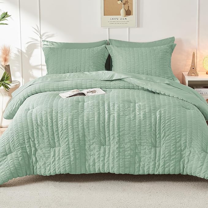 HYMOKEGE Sage Green Queen Comforter Set Seersucker 7 Pieces, All Season Luxury - Image 9