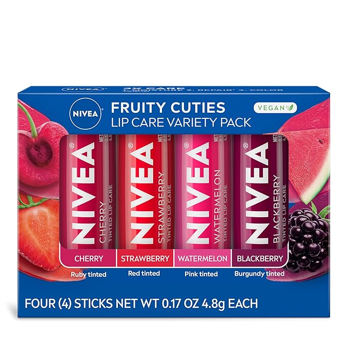 NIVEA Lip Care, Fruity Tinted Lip Balm Variety Pack, Strawberry, 3-in-1 Moisture by Nivea