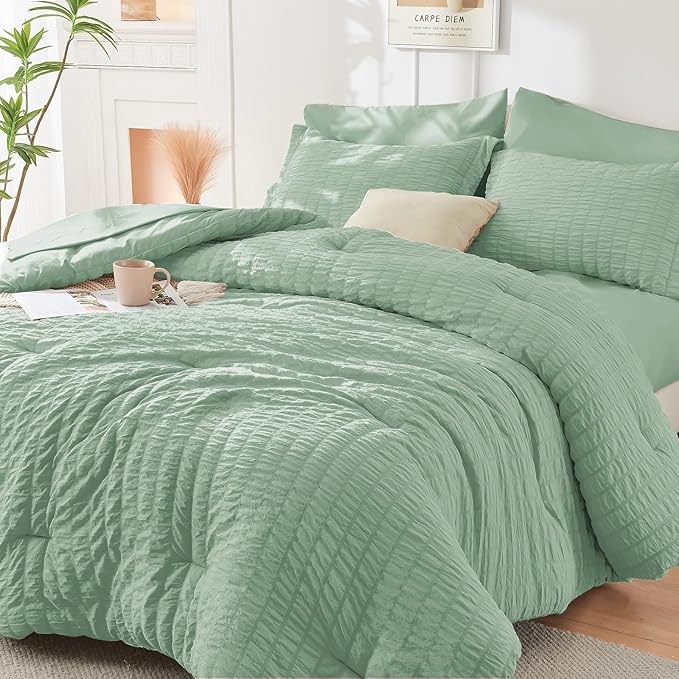 HYMOKEGE Sage Green King Size Comforter Set Seersucker 7 Pieces, All Season by HYMOKEGE