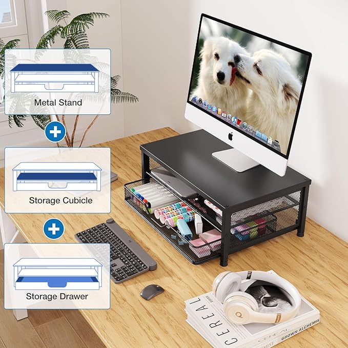 OPNICE Computer Monitor Stand Riser, Desk Organizer with Drawer, Laptop Stand, Office Desk Accessories & Workspace Desktop Organizers Storage for Office Supplies(Black)