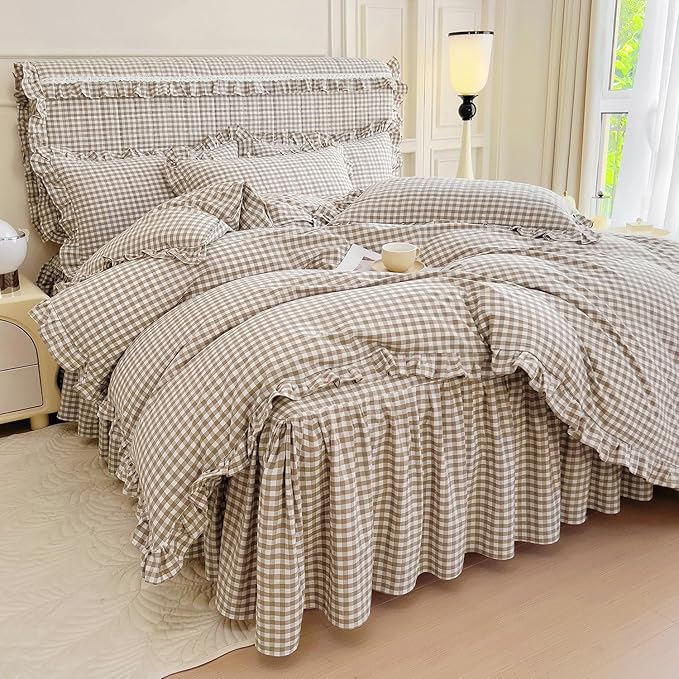 mixinni Tan Gingham Ruffle Duvet Cover King Size 3 Pieces – 100% Washed Cotton - Image 4