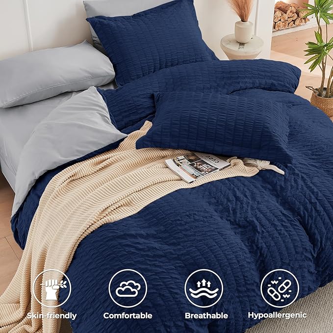 HYMOKEGE Navy Blue/Light Grey Full Size Comforter Sets Seersucker 7 Pieces - Image 3