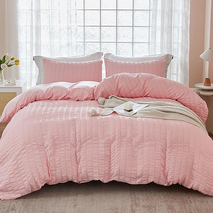 AveLom Blush Pink Seersucker Duvet Cover Set Queen Size, 3 Pieces, Ultra Soft by AveLom