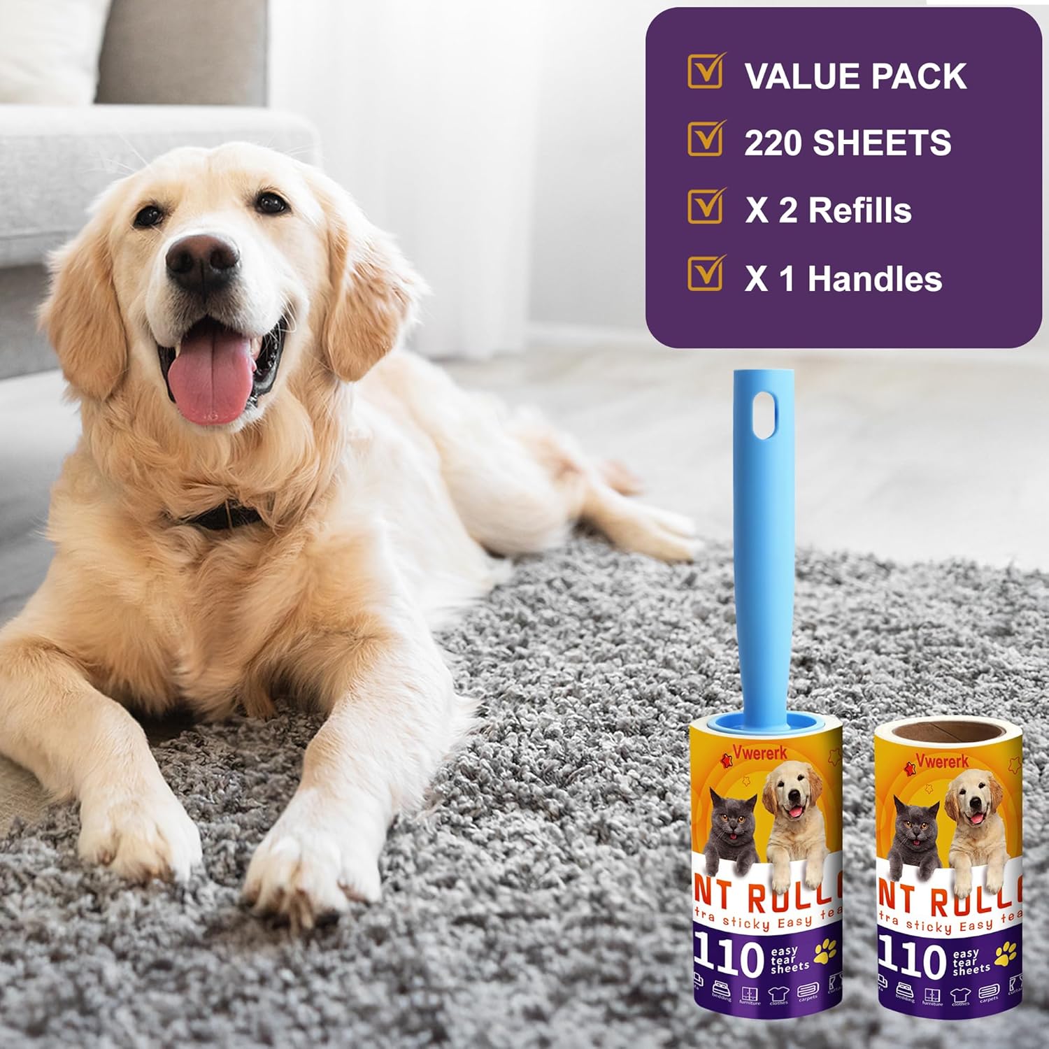 Lint Rollers for Pet Hair Extra Sticky, 220 Sheets/2 Lint Roller Refills with 1 Durable Handles, Pet Hair Roller for Clothes, Furniture, Carpet