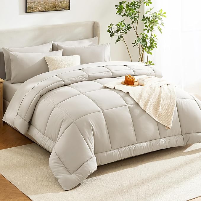 CozyLux Full Size Comforter Sets Beige, 7 Pieces Bed in a Bag, All Season - Image 8