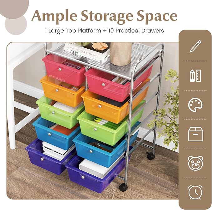 GOFLAME 10-Drawer Rolling Storage Cart, Art Craft Storage Organizer on Wheels, Multipurpose Movable Utility Cart for School, Office and Home, Rainbow