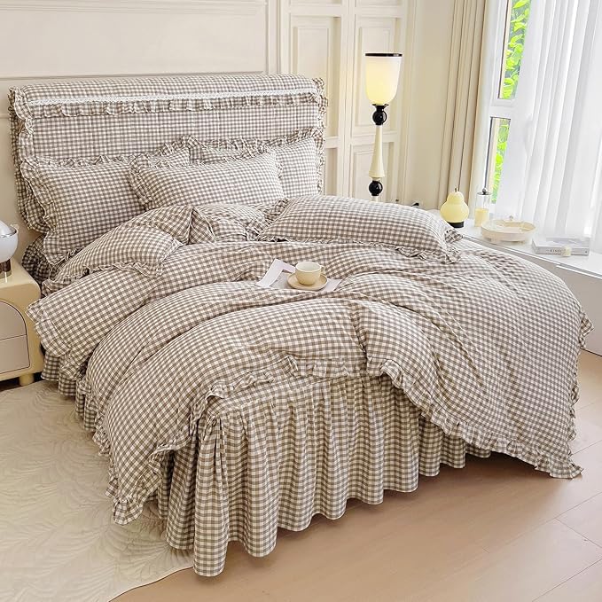 mixinni Tan Gingham Ruffle Duvet Cover King Size 3 Pieces – 100% Washed Cotton - Image 6