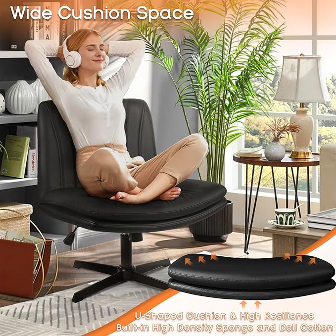 PUKAMI Criss Cross Legged Office Chair,Armless Office Desk Chair No Wheels,PU Leather Modern Swivel Vanity,Height Adjustable Wide Seat Mid Back Computer Task Chair for Home Office