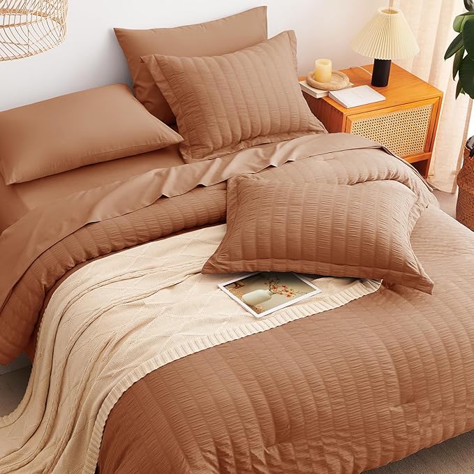 CozyLux King Size Comforter Set Pumpkin Seersucker 7 Pieces Bed in a Bag King - Image 6