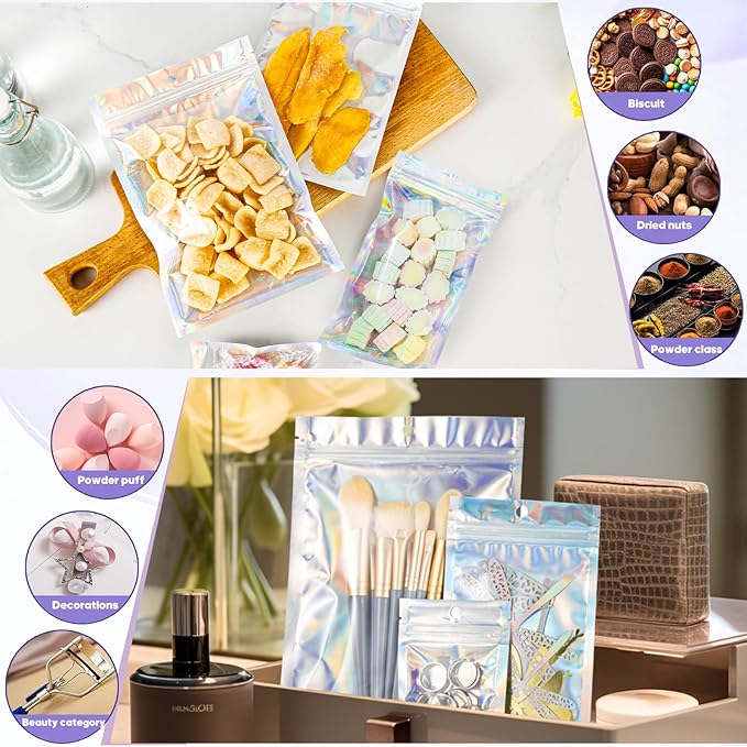 100pcs 6x9 inch Holographic Resealable Packaging Bags for Small Business Supplies- Cute Small Plastic Color Smell Proof Ziplock Foil Pouch Baggies for Lip Gloss Soap Party Food Storage