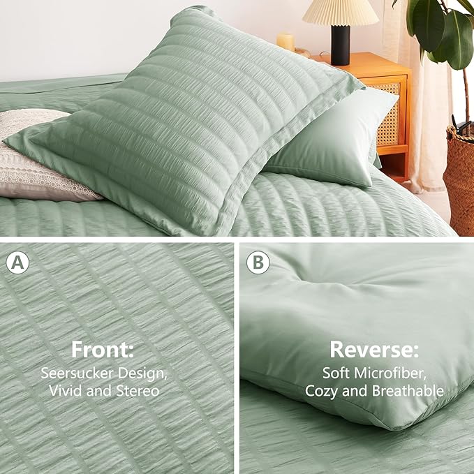 CozyLux King Size Comforter Set Sage Green Seersucker 7 Pieces Bed in a Bag - Image 4