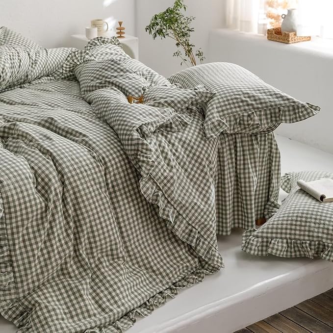 mixinni Green Gingham Ruffle Duvet Cover Full Size 3 Pieces – 100% Washed Cotton - Image 9