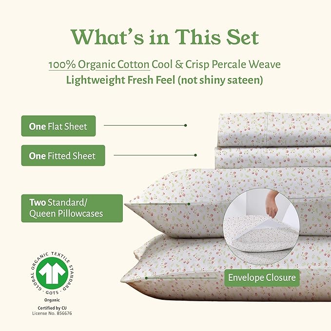 California Design Den Full Sheet Set Floral, 100% Organic Cotton Percale Sheets - Image 5