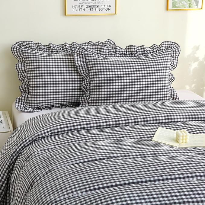 Silnuo Black/White Checkered Ruffle 3-Piece Duvet Cover Set Queen Size - Image 8